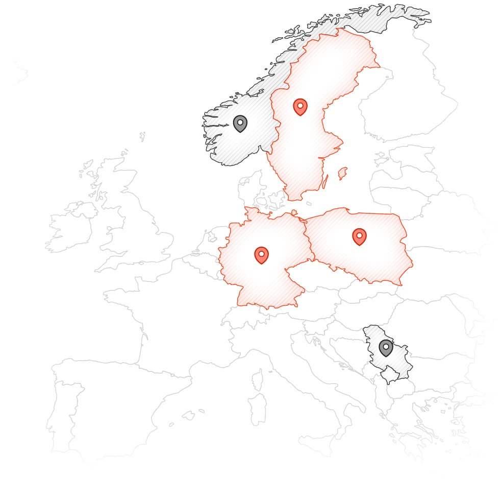 Map highlighting SSPnetworks' operational presence in Sweden, Germany, Poland, Norway, and Serbia.